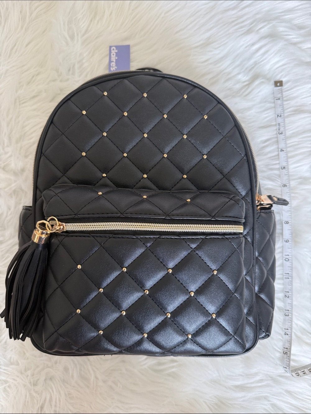 NWT Claire’s Black Quilted Mini Backpack Gold Studded Faux Leather Bag - Picture 7 of 10